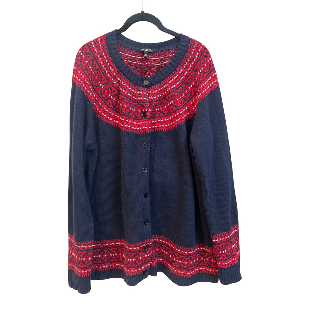 Talbots Woman Navy Red Fair Isle Lambswool Blend Cardigan Sweater 2X